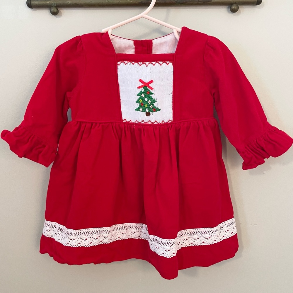 Smocked or Not Corduroy Red Smocked Christmas Tree Dress